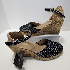 Paseart Spadrille Wedge Black/White Polka Dots Ankle Strap Sandals Sz 37 (7)